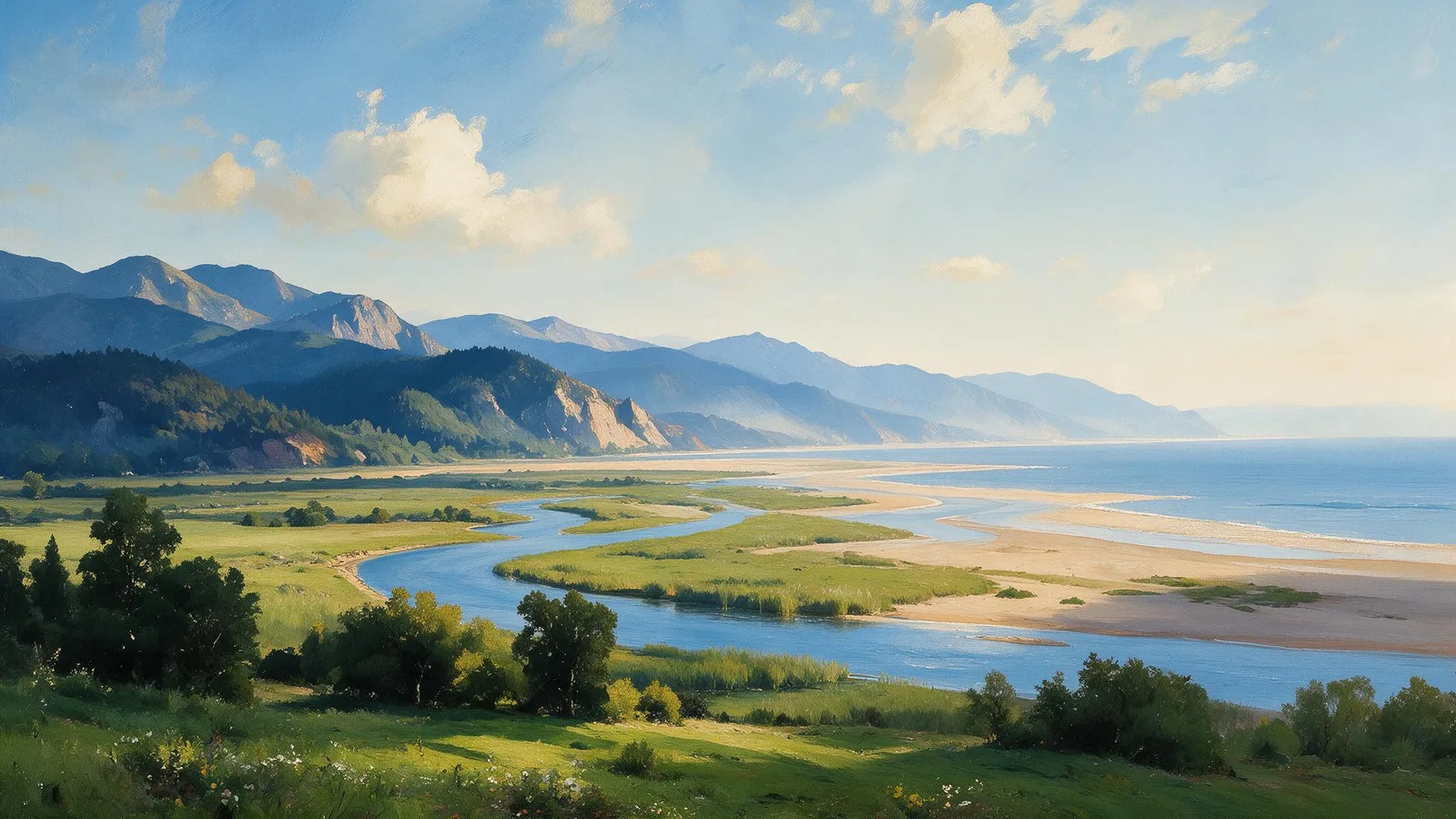 Oil painting of a river delta at golden hour, one main channel winding through green marsh and sandbars into a wide calm bay