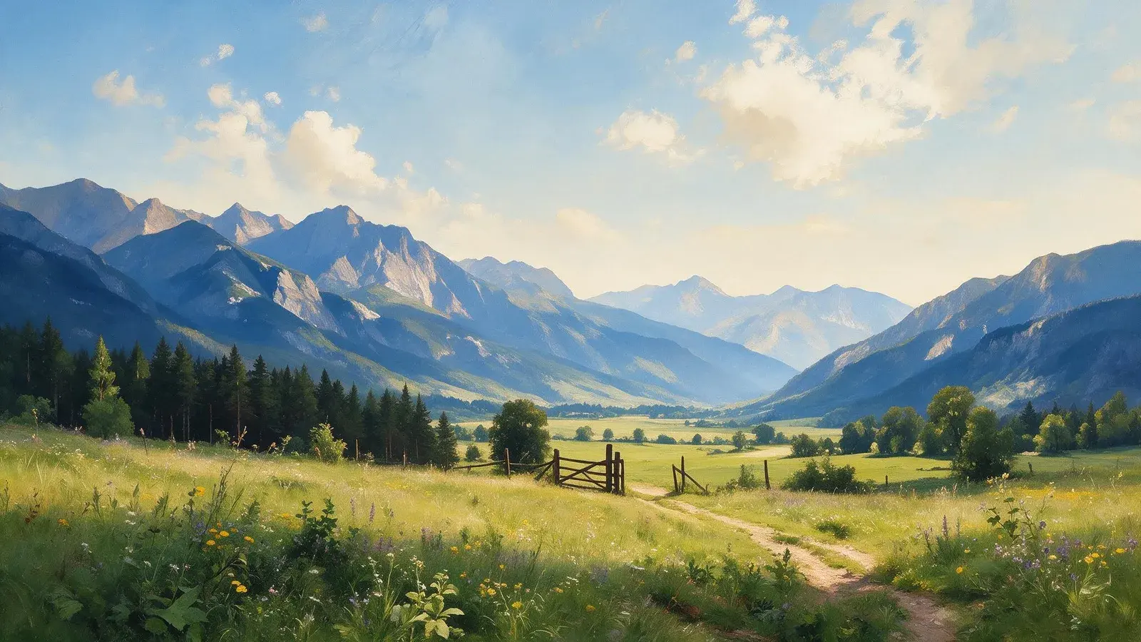 Oil painting of a dirt path through a wildflower meadow past an open wooden gate, a sunlit mountain valley beyond