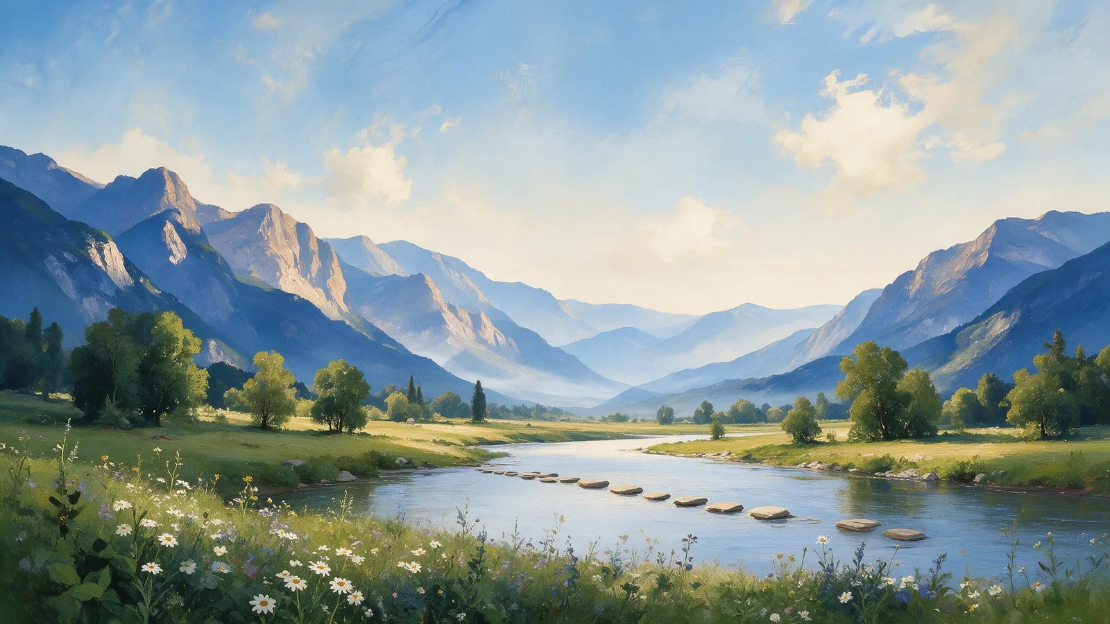 Oil painting of a calm wide river crossed by a line of evenly spaced stepping stones toward a sunlit far bank, with morning haze over distant hills