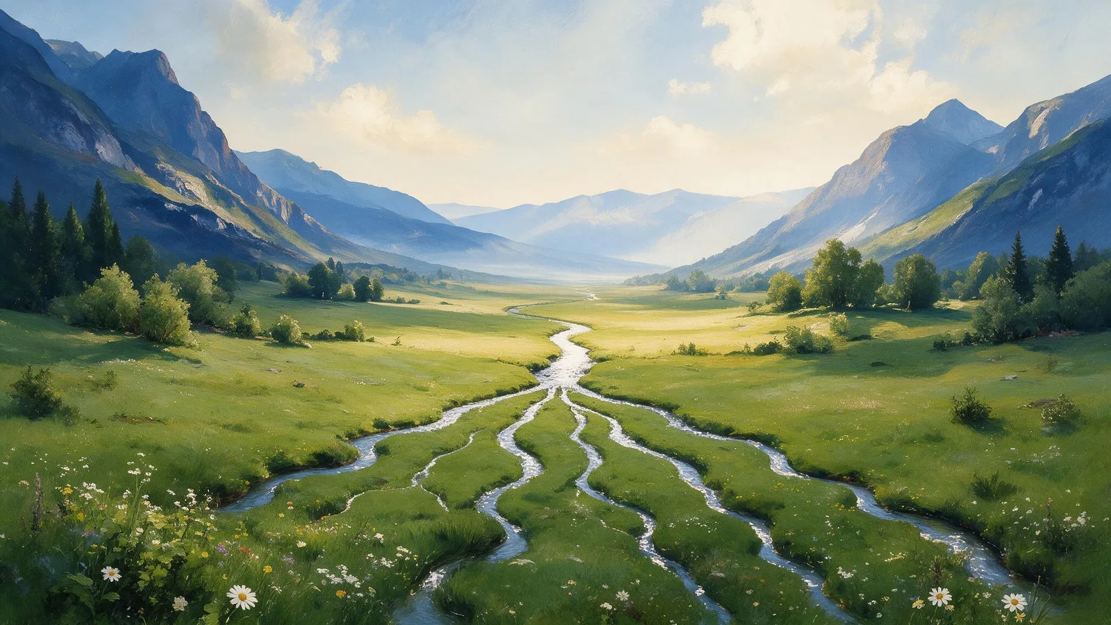 Oil painting of a single mountain stream splitting into many bright channels across a green meadow under morning light
